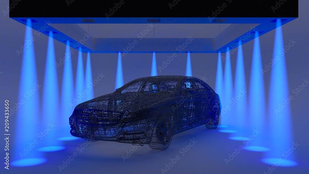 Aufkleber conceptual raster illustration of a machine in the form of a spatial grid structure in a room with b