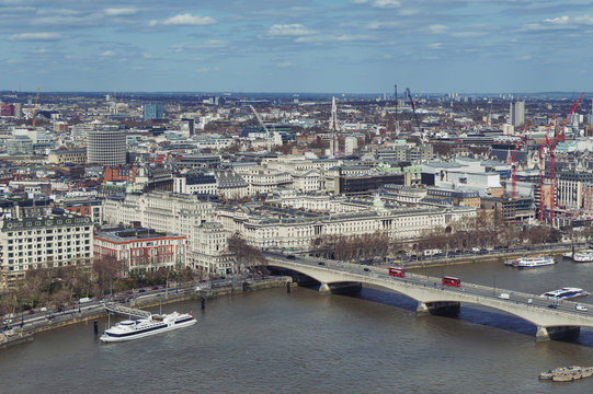 Skyline and aerial view of cityscape of London with Waterloo Bridge crossing the river Thames in London, England, United Kingdom