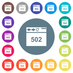 Browser 502 Bad gateway flat white icons on round color backgrounds