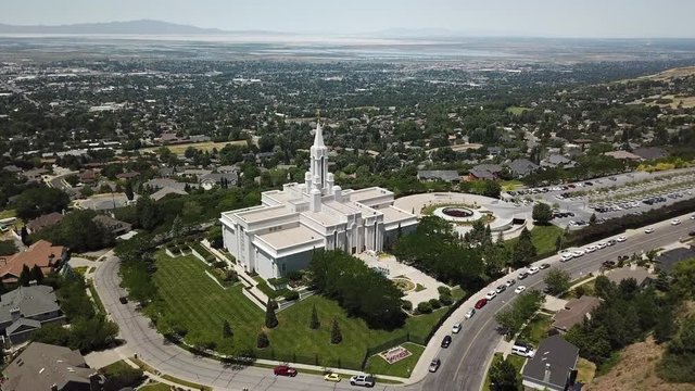 Aerial fly towards Bountiful Utah. The Church of Jesus Christ of Latter-day Saints, LDS or Mormon Church. HQ in Salt Lake City, Utah. International Christian religion. Membership of over 17 million.