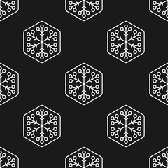 Christmas and New Year wrapping paper. Seamless pattern with white snowflakes on black background