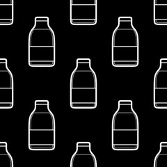 Black and white seamless pattern with bottles of milk in linear style