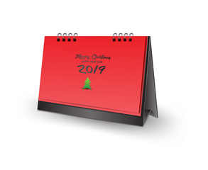Blank desk calendar 3d mockup vector illustration, Vertical Realistic mockup  for Desk calendar template design, merry Christmas and happy new year 2019 Cover, red Background Isolated, christmas tree