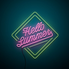 Hello summer neon sign. Vector illustration.