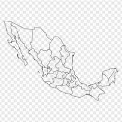 Blank map Mexico. Map of Mexico with the provinces. High quality map of  Mexico on transparent background. Stock vector. Vector illustration EPS10.