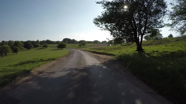 POV Driving through the Quantock Hills in Somerset, England with sheep along the road