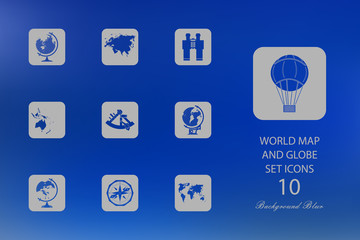 World map and globe. Set of flat icons on blurred background