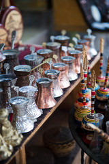 Traditional bosnian crafts/pots on a table in Sarajevo market