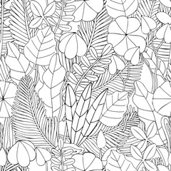 seamless pattern. Floral doodle background pattern in vector with leaves. Black and white Coloring book. Monochrome.