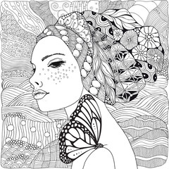 Young beautiful woman and butterfly. Beach, facing out to sea. Black and white doodle coloring book page for adult and children.