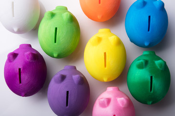 Elevated View Of Multi Colored Piggybanks