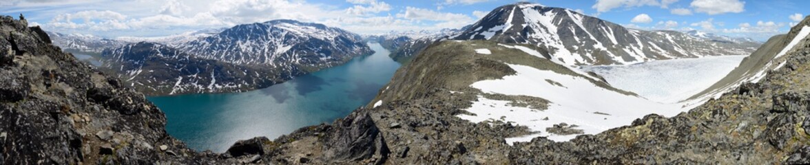 Spectacular hiking the Besseggen Ridge, Norway - obrazy, fototapety, plakaty
