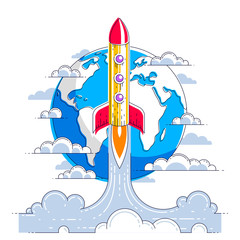 Rocket launch over planet earth into undiscovered space. Explore universe, breathtaking space science. Thin line 3d vector illustration isolated on white.