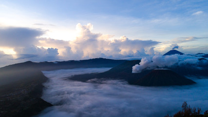 Aerial shot of Mount Bromo Volcano during sunrise, in East Java, Indonesia