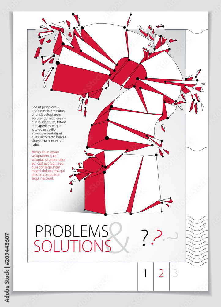Poster broken question mark exploding brochure or flyer design, query breaking to pieces, vector 3d realist