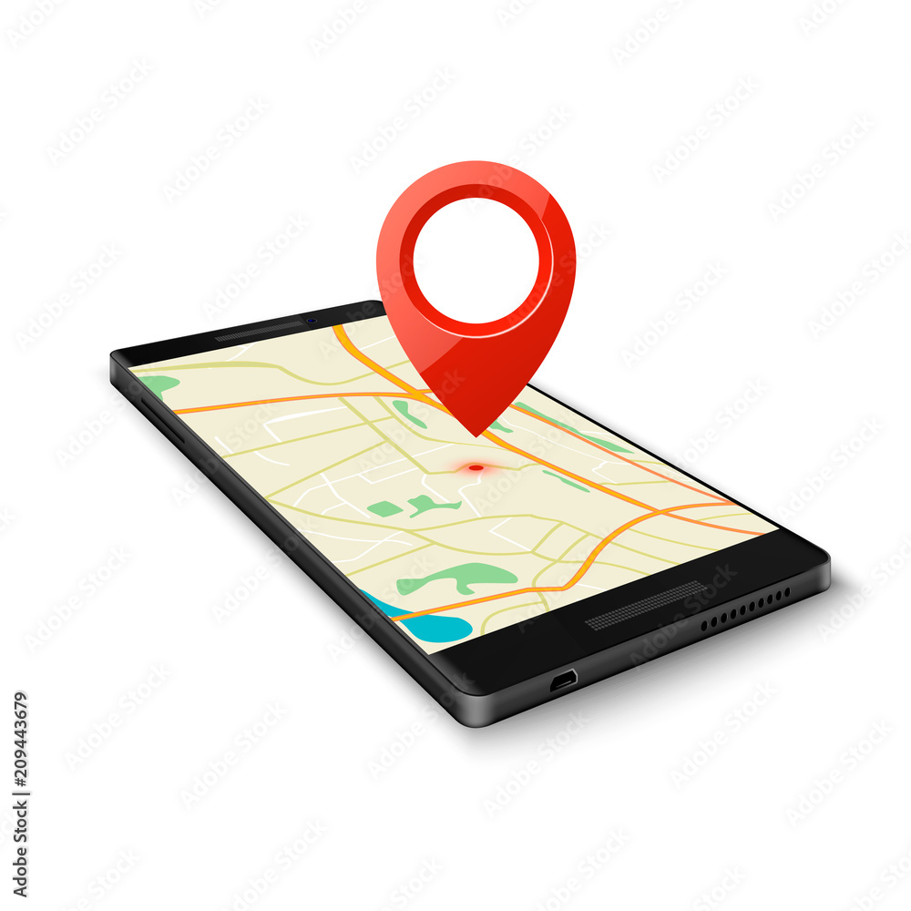 Poster black smartphone with map gps navigation application with pin point to current location isolated on 