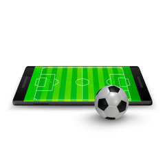 Sport betting online. Soccer onlite. Horizontal mobile phone with football soccer ball and field on the screen. Vector illustration Isolated on white background