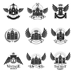 Ancient Castles emblems set. Heraldic Coat of Arms decorative logos isolated vector illustrations collection.