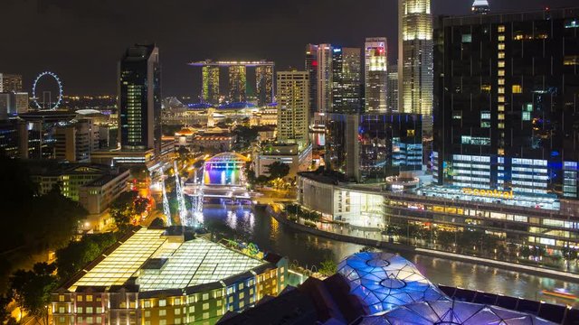 Elevated view over the city skyline and riverside restaurants at the entertainment district of Clarke Quay, Singapore, South East Asia