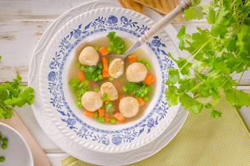 Fresh vegetable soup with chicken dumplings