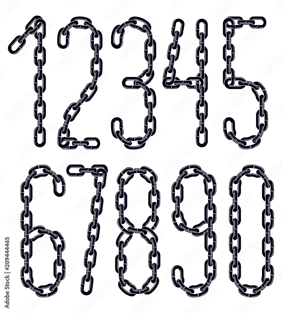 Poster vector numbers, modern numerals set. made with iron chain, linked connection.