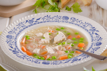Spring chicken soup noodles, vegetable and toast