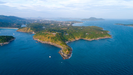 Aerial view of Promthep cape, Phuket, Thailand. 1st January 2018, In the evening. Promthep cape is very famous destination to see sunset.