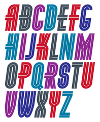 Set of vector upper case bold regular English alphabet letters made with white lines, can be used for logo creation in public relations business