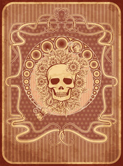 Invitation card with skull and flowers in art nouveau style, vector illustration