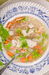 Spring chicken soup noodles, vegetable and toast