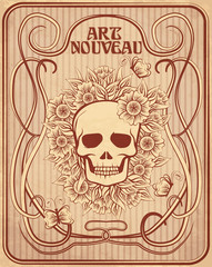 Greeting card with skull and flowers in art nouveau style, vector illustration