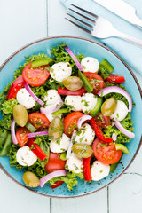 Vegetable salad with cheese mozzarella, tomatoes, basilikum and spice.