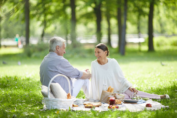Happy senior spouses discussing something while relaxing on green grass during picnic on summer day