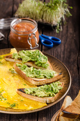 Egg omelette with garlic avocado toast