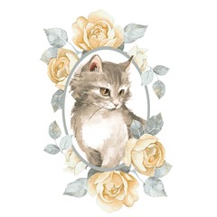 Kot. Śliczna figlarka i róże. Akwarela ilustracja - 209446803