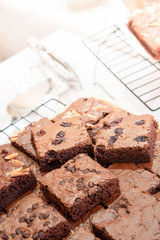 Chocolate brownie cake homemade food background concept.