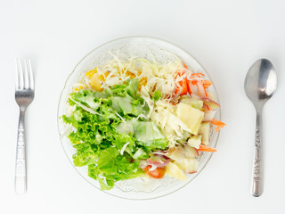 Salad fresh vegetables on white background.Top view flat lay design concept background.