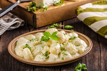 Cheese gnocchi with blue cheese sauce and galic
