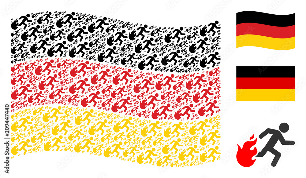 Poster waving germany official flag. vector fired running man design elements are arranged into mosaic germ