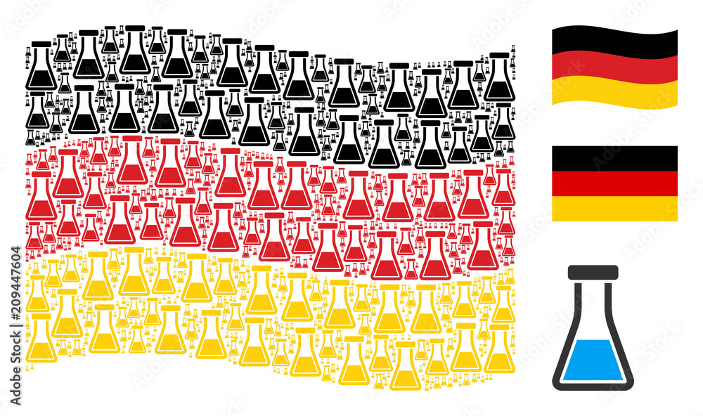 Poster waving germany state flag. vector flask pictograms are placed into conceptual german flag collage. p