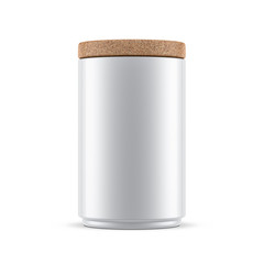 White Glossy Tin Can Mockup with cork tree lid isolated on white