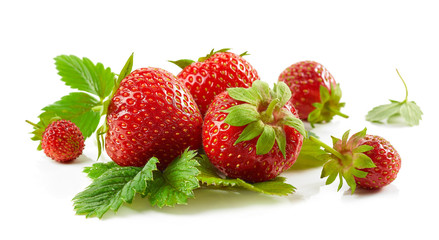fresh red strawberries with green leaves