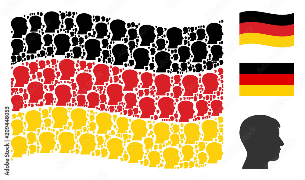 Poster waving germany state flag. vector man head profile icons are placed into mosaic germany flag abstrac
