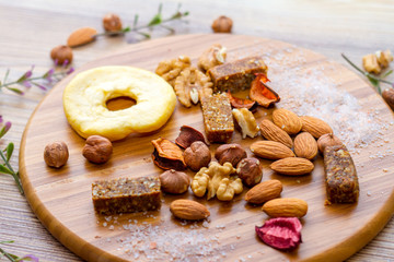Mixed of Dried Fuits and Nuts on Wooden Table