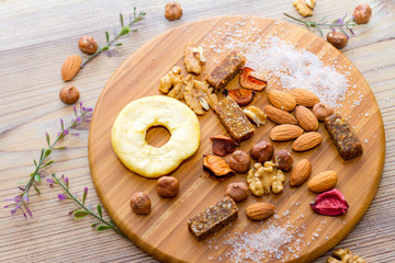 Mixed of Dried Fuits and Nuts on Wooden Table
