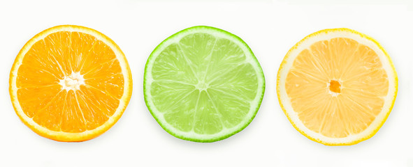 Obraz premium Citrus fruit. Orange, lemon, lime. Slices isolated on white background. Collection.