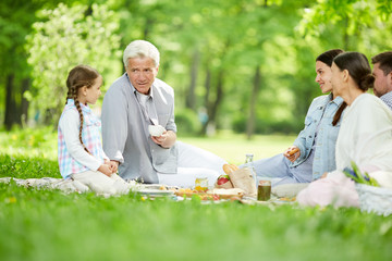 Senior man talking to his granddaughter at picnic with other family members sitting near by and...