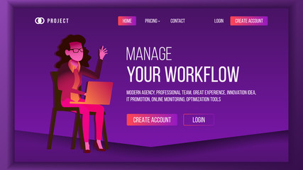 Workflow Business Landing Page Vector. Brainstorming Business Coworking. Workflow Management. Woman. Template Illustration