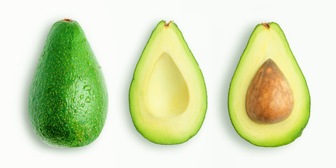 Isolated avocado. Whole avocado fruit and two halves in a row isolated on white background with clipping path