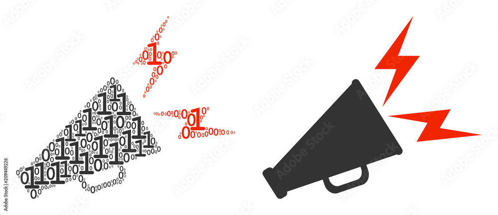 Poster alert megaphone collage icon of one and zero digits in randomized sizes. vector digit symbols are co